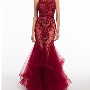 Basketweave Embroidered V Back Godet Dress